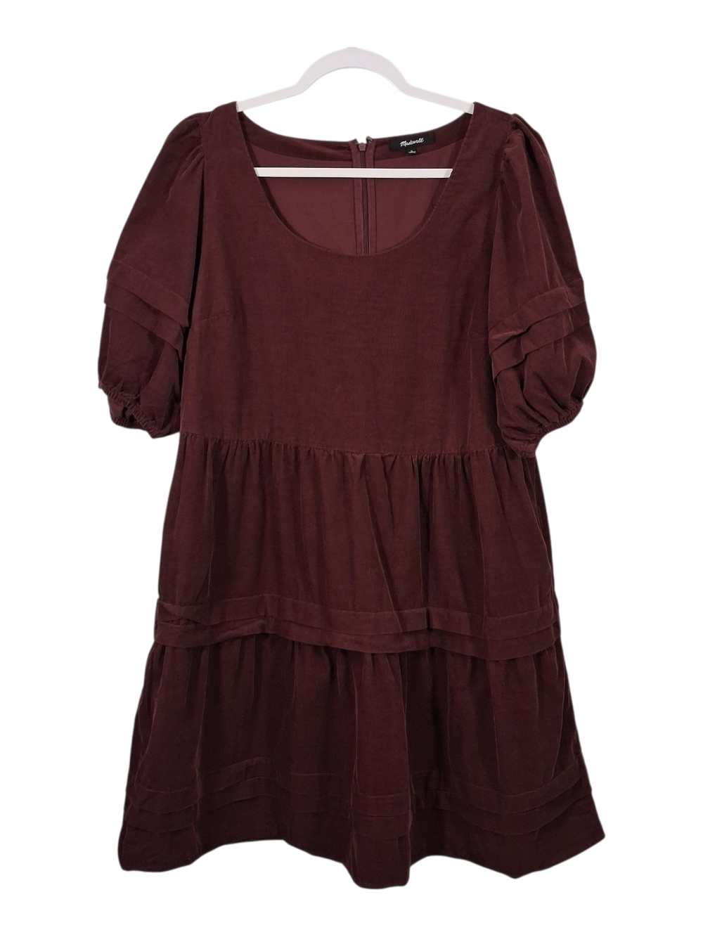 Madewell Puff-Sleeve Tiered Dress Size L Maroon Burgundy.
